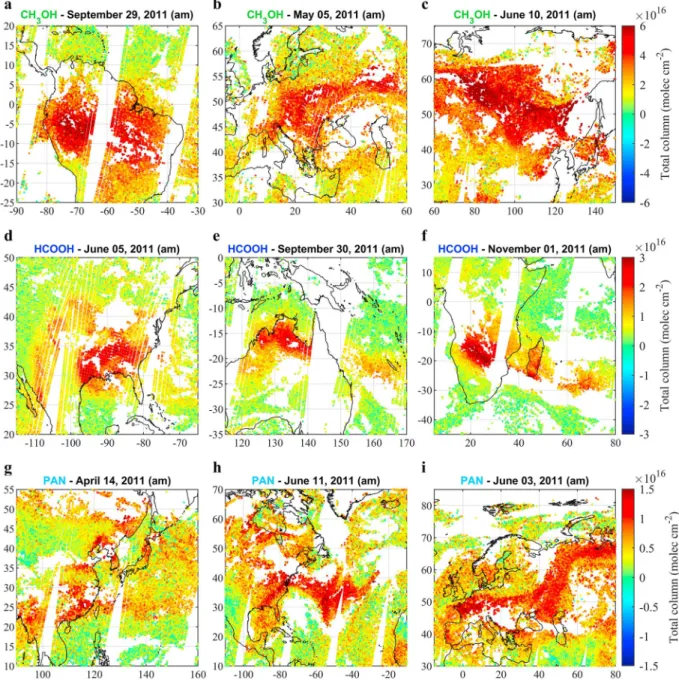 Figure 9. CH 3 OH, HCOOH, and PAN total column distributions retrieved over areas of interest with the ANNI method from 1 day of a.m
