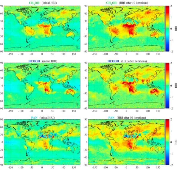 Figure 3. Examples of annual mean HRI for CH 3 OH, HCOOH, and PAN over 2013, calculated from a whole set of IASI spectra without ﬁltering (left frames), or derived from a spectra subset after 10 iterations of the ﬁltering procedure (right frames) (see sect