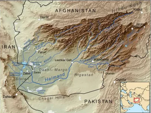Figure 1: Topographic map of Sistan region and Hamoun Basin. The bold color in the map  defines  the  Helmand  drainage  basin  that  fed  Hamoun  lakes  complex