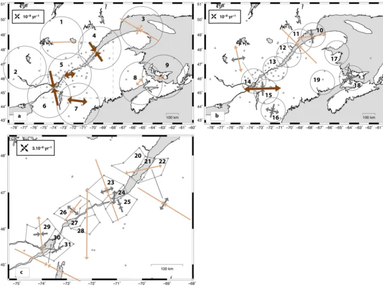 Figure 8a presents the strain rate results for large spatial scales (350-km diameter)