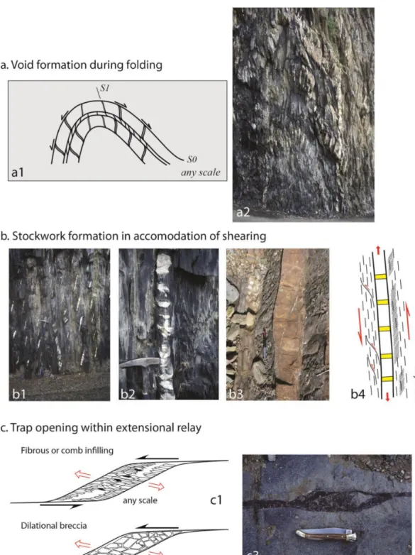 Figure 1. Three examples of traps and voids mode of formation. (a) Model of formation of sigmoidal veins by antithetic bedding-controlled gliding during fold development (a1)