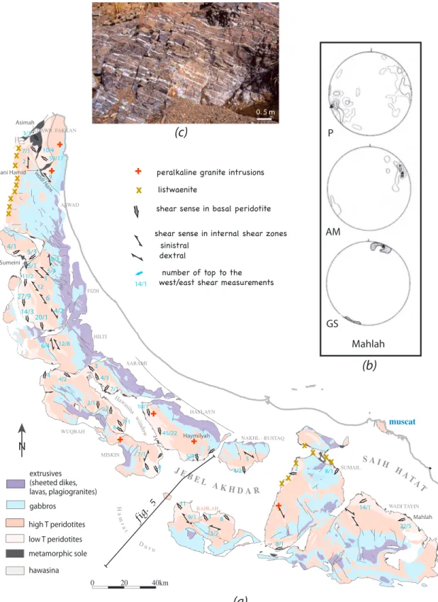 Figure 2. (a) Lithospheric structures (1000 &gt; T &gt; 800 °C) related to oceanic detachment, recorded in basal peridotite and in internal shear zones (pale pink design;