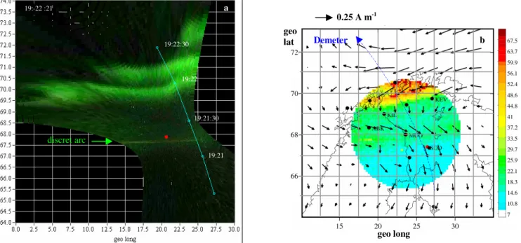 Fig. 2. (a) Wide-band photo-emissions observed by ALFA all-sky camera and (b) 557 nm emissions recorded by Muo imager superimposed with equivalent currents (black arrows) deduced from the ground-based magnetic measurements