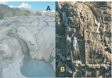 Figure 8. [A] Travertine at an alkaline spring in a peridotite catchment,  near the village of Falaij, Oman