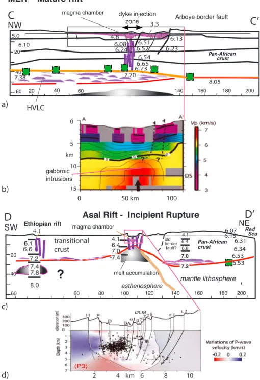 Figure 10. Cross sections of crustal structure illustrating evolutionary changes between the mature Main Ethiopian Rift and incipient sea ﬂ oor spreading in the Asal rift (see Figure 7a for pro ﬁ le locations)