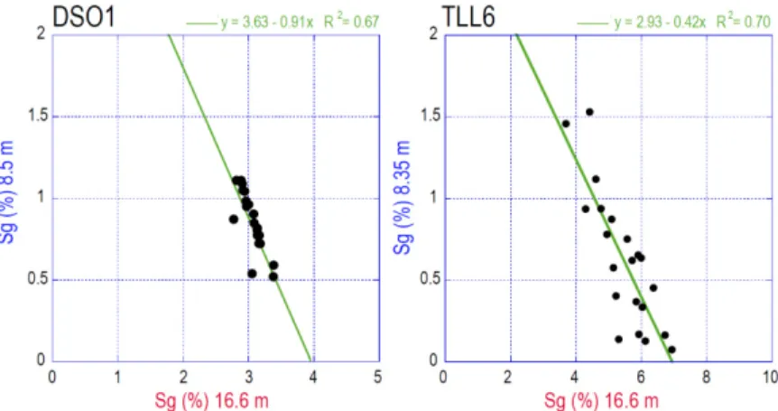 Fig. 6. Inverse correlation of gas saturation (S g ) between the two sand-rich layers located respectively at 8 m and 16 m depth (R2 and R1  reservoirs)