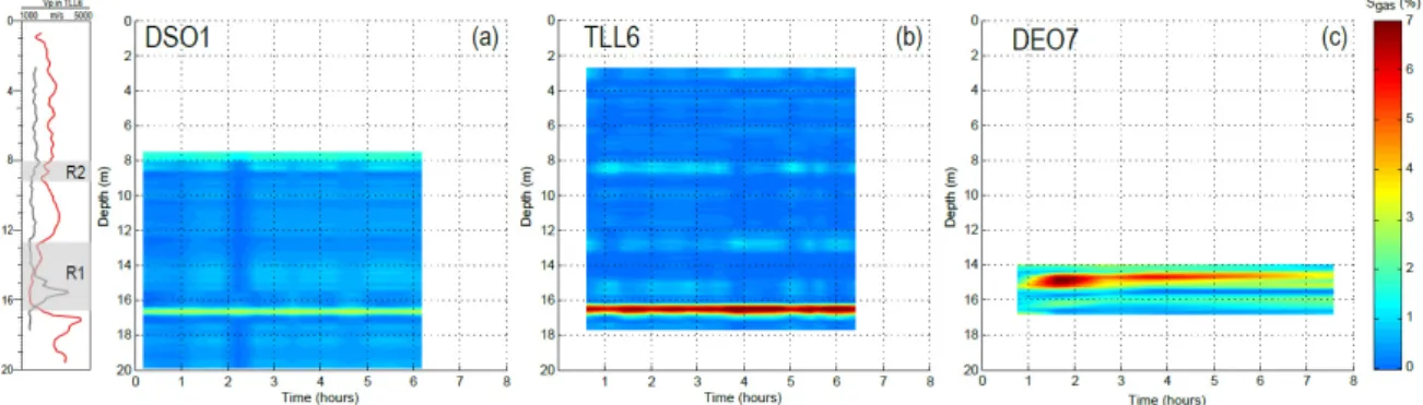Fig. 4. Computed biogenic gas saturation at the Maguelone experimental site based on the modified W-S model from time-lapse induction  logging in the DSO1 (a), TLL6 (b) boreholes and permanent SMD electrical observatory DEO7 (c)