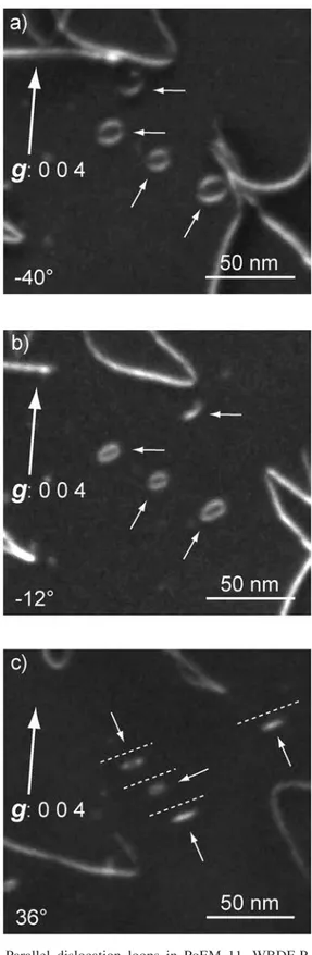 Fig. 5. Parallel dislocation loops in PoEM 11. WBDF-P images obtained with the 004 diffraction vector: (a) the four dislocation loops lie practically in the projection plane for a tilt angle of 40  (indicated by white arrows); (b) projection angle of 12  ;