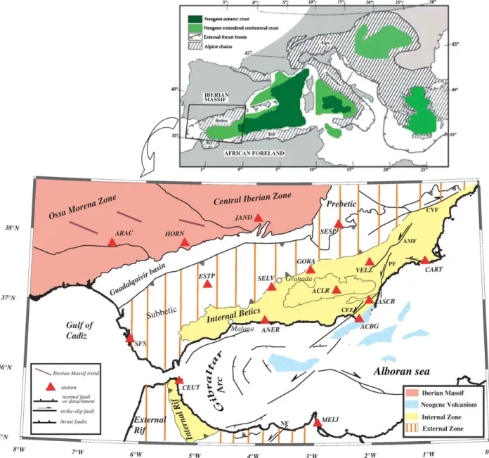 Fig. 1. Tectonic sketch of the Mediterranean area showing the Neogene basins and Alpine chains (top, redrawn from Comas et al., 1999) and geological setting of South of Iberia and North of Africa (bottom, redrawn from Lonergan and White, 1997; Platt el al.