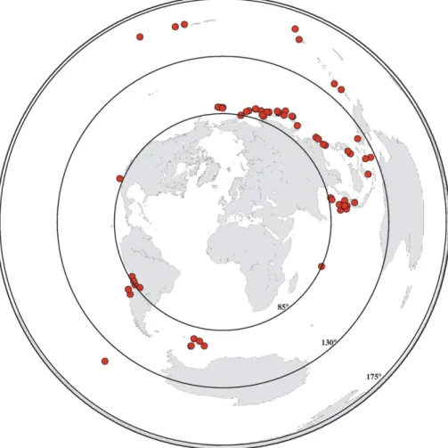 Fig. 2. Spatial distribution of earthquakes used in this study in a projection that preserves backazimuths, centered on the Alboran