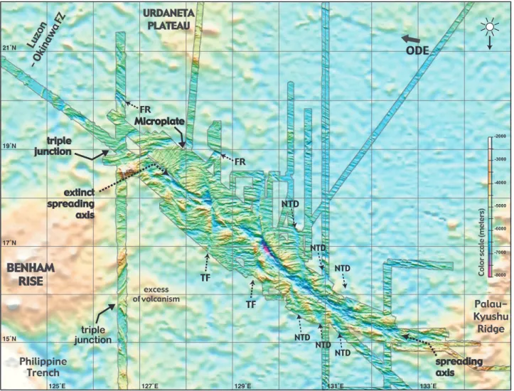 Figure 4. Bathymetric map from the central part of the West Philippine Basin obtained by swath mapping during several Japanese and French cruises