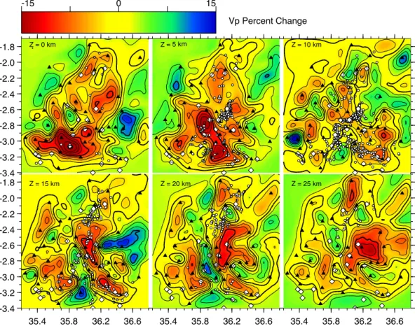 Figure 13. Map views of the JBSG model for V p at selected depths below mean sea level, as indicated in the upper left corner of each panel