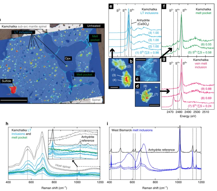Fig. 2 Spinel-hosted glass (formerly melt) inclusions (MI) from the mantle lithosphere beneath the Kamchatka and West Bismarck arcs and their sulfur distribution and valence state