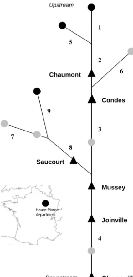 Figure 1: Schematic of the Marne model hydraulic network (Haute-Marne, France).