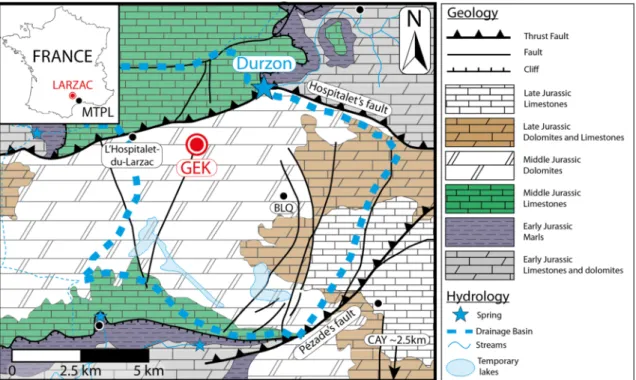 Figure 1. Location map and hydrogeological settings. The red dot shows the GEK observatory position
