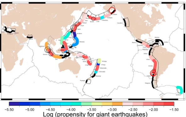 Figure 1. The propensity (deﬁned as the average annual rate; see section 3.3) to host giant interplate earthquakes for the subduction zones (the grey boxes delimit diﬀerent segments)