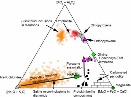 Fig. 4. Ternary diagram of experimental phase compositions compared to diamond inclusions