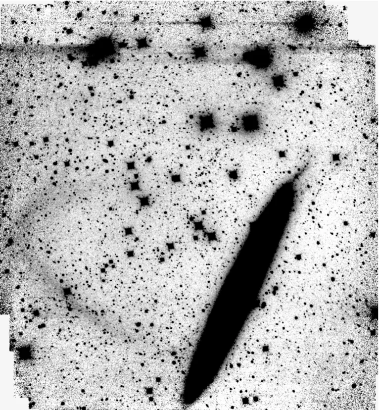 Fig. 1. Fully calibrated and stacked image of NGC 5907. The image was slightly enhanced with a Gaussian blur