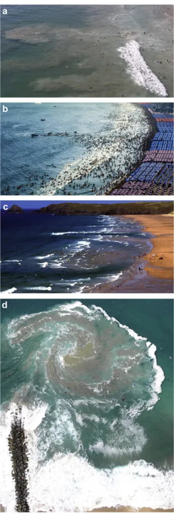 Fig. 1.Rip currents as a coastal hazard: (a) rip current ﬂowing seaward from surf zone near swimmers at Zuma Beach, California (www.ﬁre.lacounty.gov/lifeguard/rip-currents/); (b) bathers caught in a rip current at Haeundae Beach, Korea (photo Jooyong Lee);