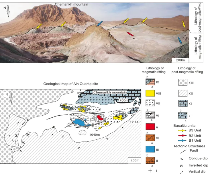 FIGURE 2. A) Example of diapiric site, showing the three volcanic units. B) Geological map of Ain Ouarka site, I) substratum; IIa) saliferous clay; IIb)  red claystone with hematite; III) unit B1; IVa) red saliferous clay; IVb) red gypsiferous clay; V) vol