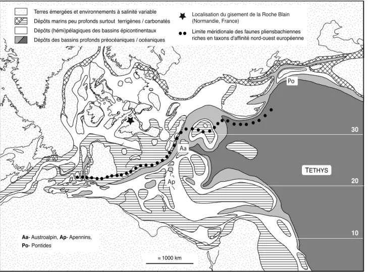 Fig.  6:  Reconstitution  paléogéographique  de  la  Téthys  occidentale  et  de  ses  confins  (d’après  t hierry et  al.,  2000,  modifié)  et  localisation du gisement de la Roche Blain (Normandie, France)