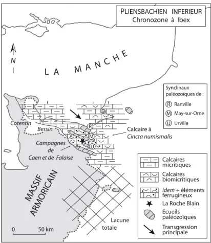 Fig. 2:  Reconstitution péléogéographique des régions situées au nord-est du Massif armoricain (Pliensbachien inférieur, chronozone  à Ibex)