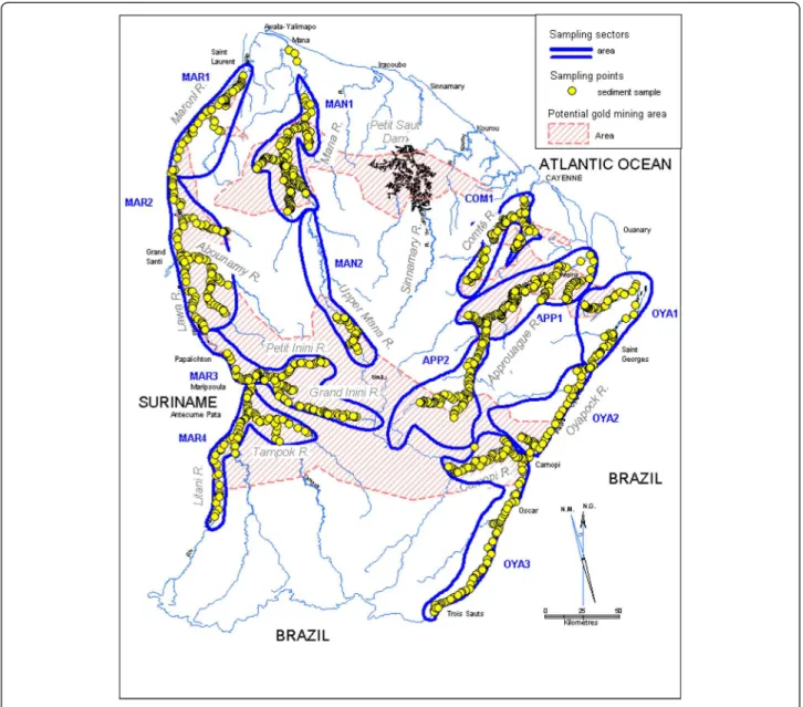 Figure 1 French Guiana map with sampling points, sampling sectors and the potential gold mining areas.