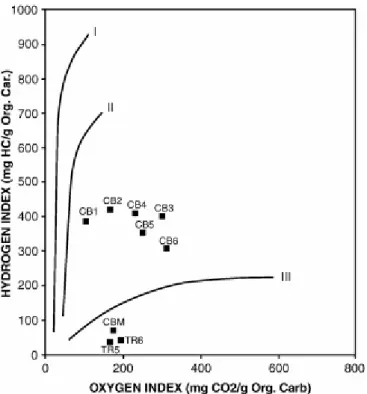 Fig. 9. Oxygen and hydrogen indices of the samples from Tripoli Formation (TR) and Calcare  di Base Formation (CB) plotted on a modified van Krevelen diagram