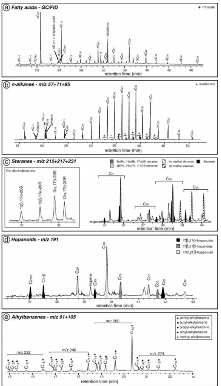 Fig. 11. Example of biomarker distributions in the fatty acid and hydrocarbon fractions: (a)  partial gas chromatogram (GC/FID) of the acidic fraction for sample TR5 showing the  distribution of fatty acids; (b) partial m/z 57 + 71 + 85 (GC/MS) mass fragme