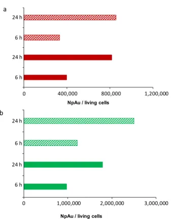 Figure  8.  Fluorescence  image  obtained  by  confocal  microscopy  of  U87  MG  cell  loaded  with  Au@DTDTPA‐Cy5 nanoparticles (red) in the presence of MitoTracker Green (green). Yellow reflects  the colocalization of fluorescent gold nanoparticles and 