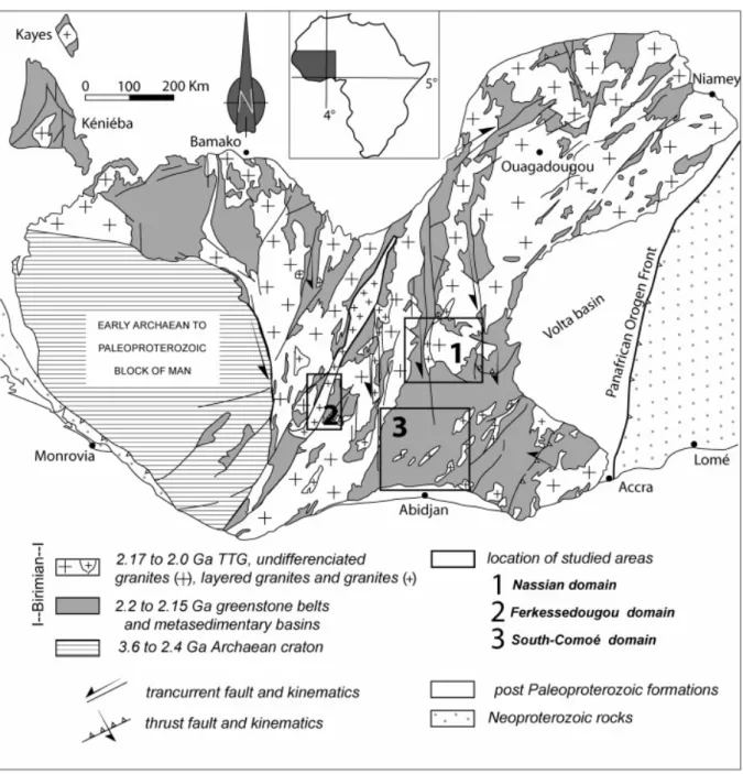 Fig. 1. Simplified geological map of West African Craton (modified after Milési et al., 1989  and Vidal et al., 2006)