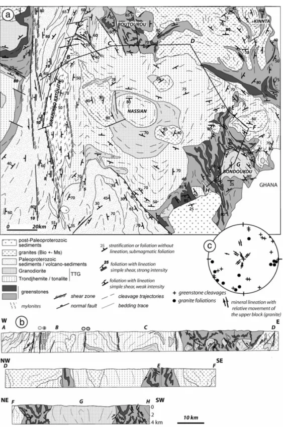 Fig. 3. The Nassian domain: a) Geological and structural map (modified after [Delor et al.,  1995b], [Siméon et al., 1995c] and [Zéade et al., 1995])