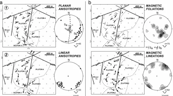 Fig. 6. Structural analysis of a poorly deformed zone within the Ferkessedougou leucogranite  (see location on Fig