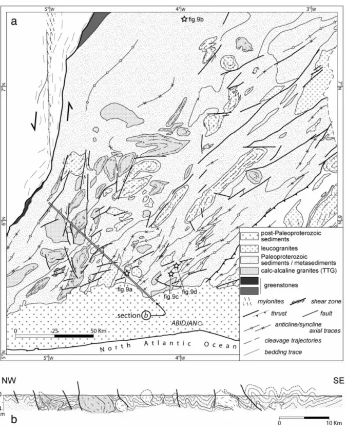 Fig. 7. Structural analysis of the South Comoé domain. a) Geological and structural map  (modified after [Delor et al., 1992c], [Siméon et al., 1992], [Siméon et al., 1995c], [Adou et  al., 1995] and [Yao et al., 1995])