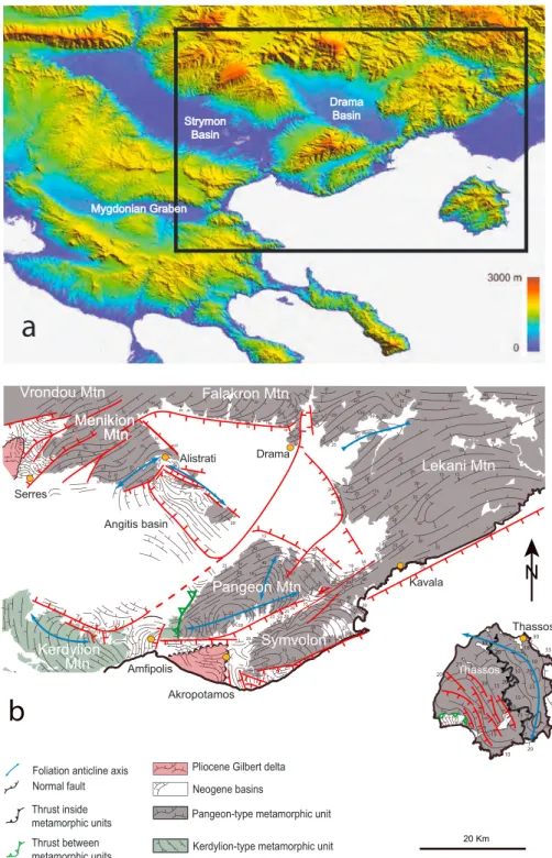 Figure 4. Topography, (a) internal structure of the Southern Rhodope Core Complex (foliation trajectories) and (b) normal faults related to the Neogene basins