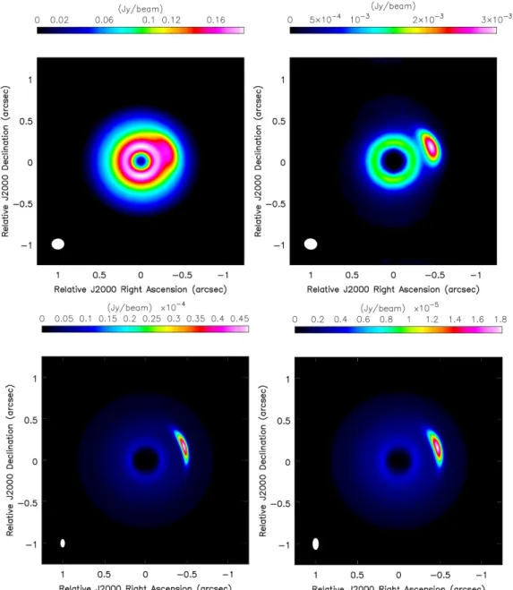 Figure 7 . Upper panels: Simulated ALMA images at 1 mm (left) and 3 mm(right). Lower panels: Simulated VLA images at 7 mm (left) and 1 cm (right)