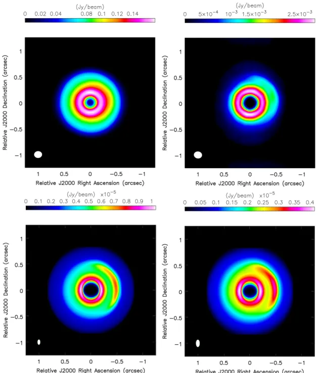 Figure 5 . Upper panels: Simulated ALMA images at 1 mm (left) and 3 mm (right). Lower panels: Simulated VLA images at 7 mm (left) and 1 cm (right)