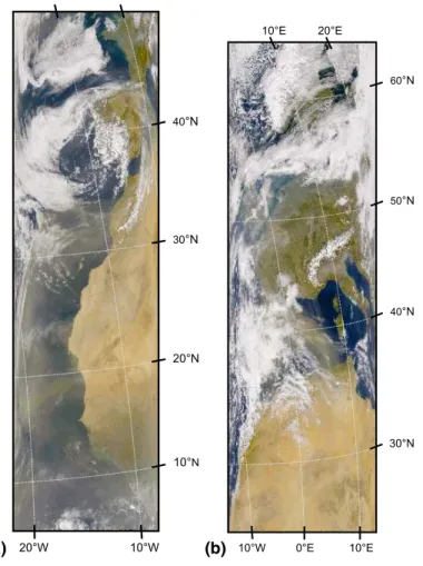 Fig. 9. SeaWiFS visible wavelength satellite images of (a) the dust plume of phase M2 on 12 March 2000 to the west of Africa, (b) the dust plume of phase M3 on 22 March 2000 in the Mediterranean.
