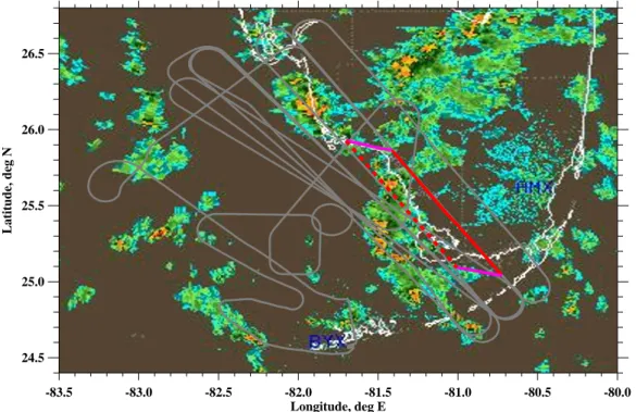 Fig. 8. The NEXRAD radar reflectivity image on 7 July 2002 17:20 UTC. The thin gray line is the ER-2 flight track on that day