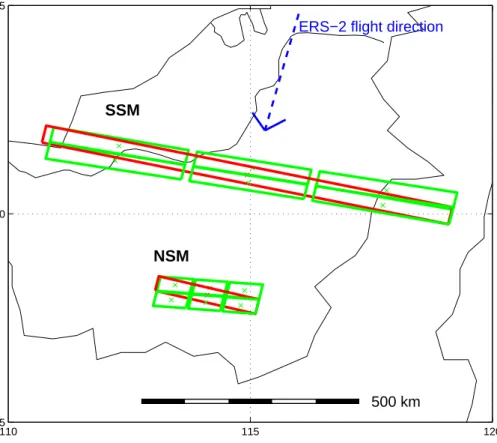 Fig. 1. Spatial extension and geometry of the GOME ground pixels. A snapshot of the standard size mode (SSM, 320×40 km 2 ) and the narrow swath mode (NSM, 80×40 km 2 ) is shown at the equator (Borneo)