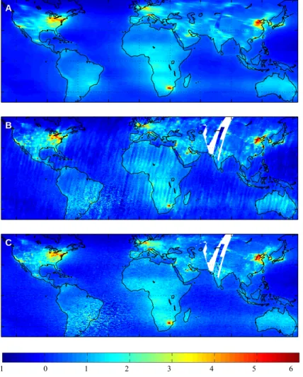 Figure 3: Global mean of tropospheric NO 2  VCD (10 15  molecules/cm 2 ), using a) all nominal  pixels 1996-2001 (no backscans), b) NSM pixels only 1997-2001, c) NSM pixels only  (1997-2001), corrected for seasonal effects