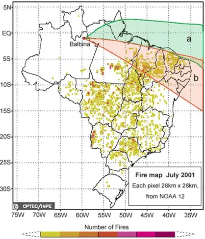 Figure 1. Map showing fires spots in Brazil during July 2001 detected by the NOAA-12 satellite,  and compiled by CPTEC/INPE