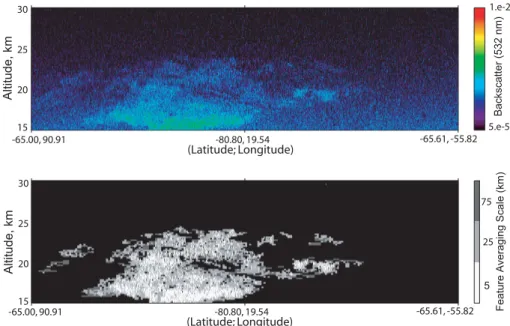 Fig. 7. Example of PSC detection for optically thin PSC from 15 June 2006. Top panel shows image of CALIOP backscatter coefficient data and bottom panel shows the corresponding PSC mask produced by the cloud detection algorithm