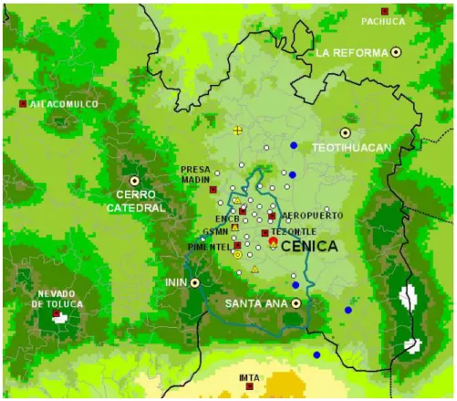 Fig. 1. Topographical map of the MCMA showing the monitoring sites during MCMA 2002/2003 campaign: 36 RAMA stations ( ◦ ), SMA EHCA stations ( nitoring sites during MC