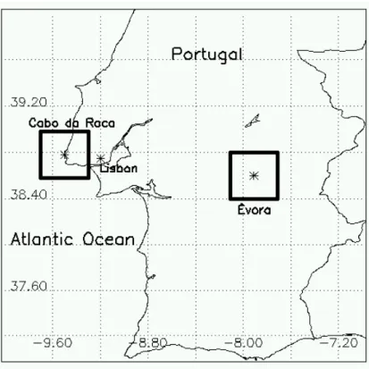 Fig. 2. Regions selected for the study: ´ Evora and Cabo da Roca.