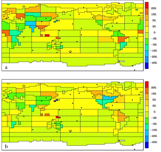 Fig. 1. Bias in 1982-1997 mean source for a) the 4HR inversion and b) the MON inversion
