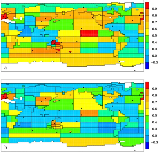 Fig. 3. Correlation between estimated and correct residual sources for a) 4HR and b) MON inversions.