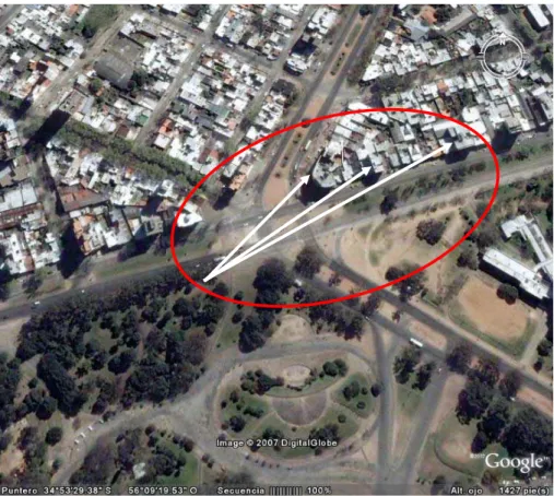 Fig. 1. (a) View of the site from above, taken from www.googleearth.com. The arrows indicate the position of targets 1, 2 and 3, respectively