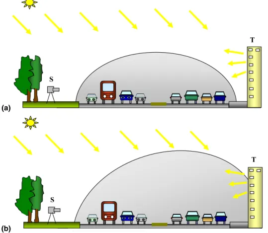 Fig. 3. Di ff erent scenarios to be considered: (a) Emission cloud separated from the target (T) walls and from the instrument (S)