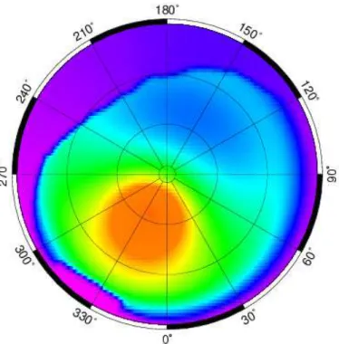 Fig. 4. Calculated UV radiances (315 nm) at Schneefernerhaus at 21 June, 13:00 GMT with sky line as seen from the measurement platform